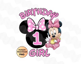 Primer cumpleaños de Minnie Mouse PNG, cumpleaños de Minnie PNG, sublimación de Minnie, adorno para tarta de ratón rosa, decoración para fiestas infantiles