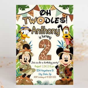 Invito Oh Twodles, invito di compleanno Mickey Safari, inviti per il 2° compleanno, invito modificabile Mouse, invito Mickey Twodles