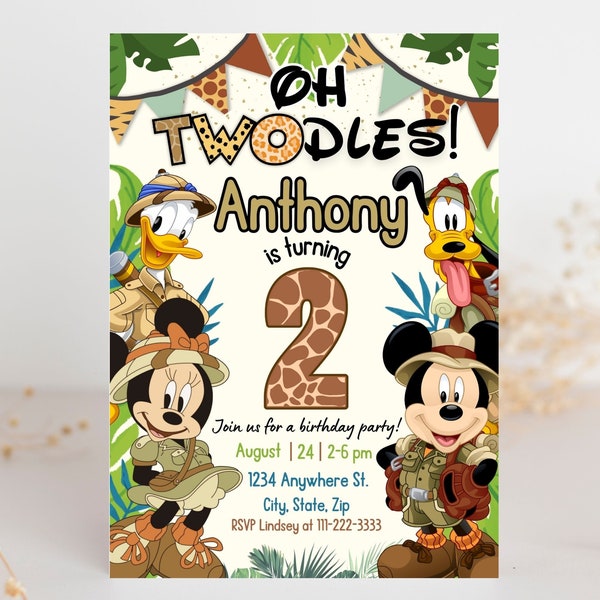 Oh Twodles Invitation, Mickey Safari Birthday Invitation, 2nd Birthday Invitations, Mouse Editable Invitation, Mickey Twodles invitation