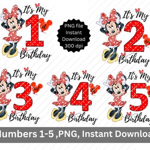 Minnie Geburtstagszahlen 1-5 PNG, Bügelzahlen, Polka Dot-Zahlen, Rote Minnie Maus-Zahlen, Minnie PNG, Sublimationszahlen,