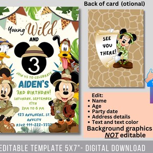May include: Editable 5x7 inch birthday invitation template featuring Mickey Mouse and friends in jungle explorer outfits. The invitation says "Young Wild and 3" and includes the text "Join us to celebrate Aiden's 3rd Birthday! Saturday, September 17th, 2pm to 6pm, 123 Anywhere, St. Anycity, RSVP 111-222-3332".