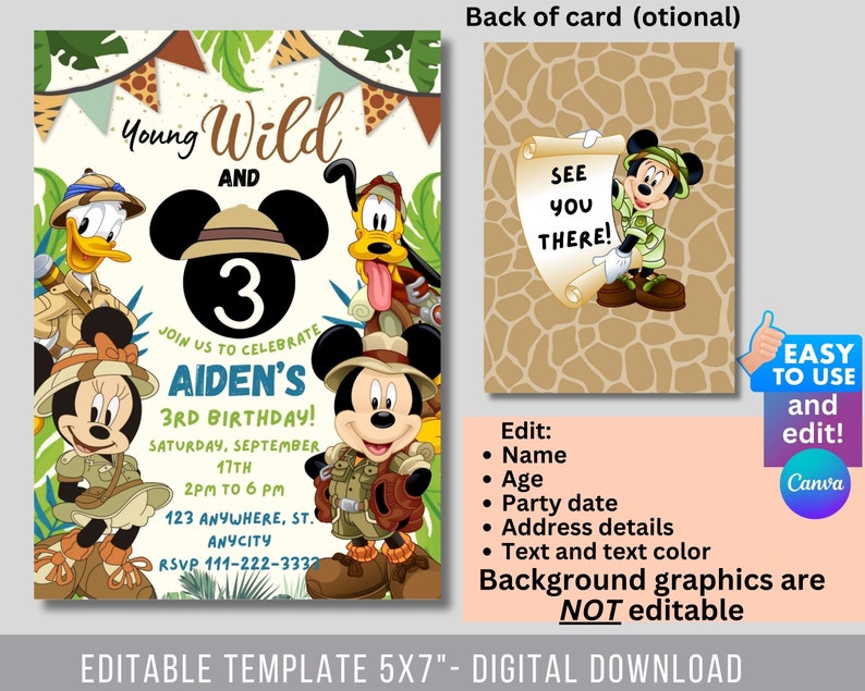 May include: Editable 5x7 inch birthday invitation template featuring Mickey Mouse and friends in jungle explorer outfits. The invitation says "Young Wild and 3" and includes the text "Join us to celebrate Aiden's 3rd Birthday! Saturday, September 17th, 2pm to 6pm, 123 Anywhere, St. Anycity, RSVP 111-222-3332".