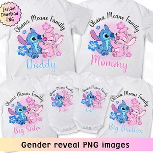 Anuncio de embarazo de Stitch y Ángel, camisetas para revelar el género familiar, anuncio de embarazo de Ohana significa familia, regalos únicos para futuras mamás