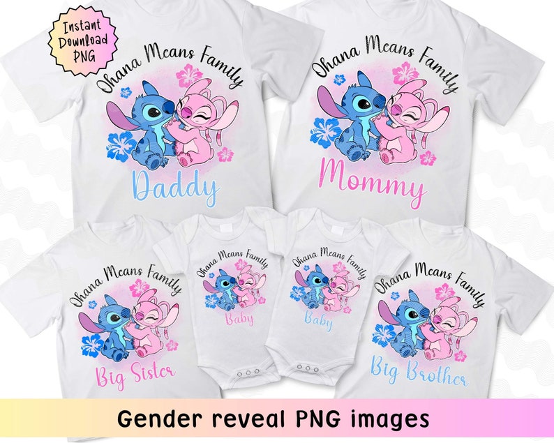 May include: A set of five white t-shirts with a blue and pink cartoon character design. The shirts have the text "Ohana Means Family" and different titles like "Daddy", "Mommy", "Big Sister", "Big Brother", and "Baby".