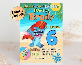 Editable Stitch Birthday Invitation, Summer Party Invitation Lilo and Stitch, Printable Invitation for Pool Party, Canva Template Birthday