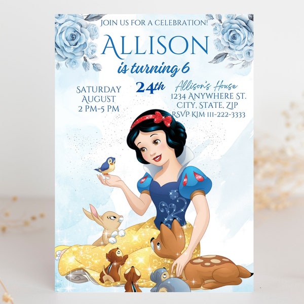 Editable Snow White Birthday Invitation, Girls Birthday Invitation, Printable Invitation, Princess Invitation, Canva birthday invitation