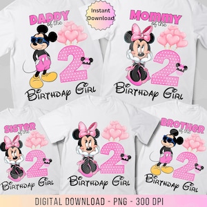 Camisetas familiares de segundo cumpleaños Minnie PNG, paquete familiar para planchar, Minnie 2.º cumpleaños png, Minnie Sublimación png para segundo cumpleaños