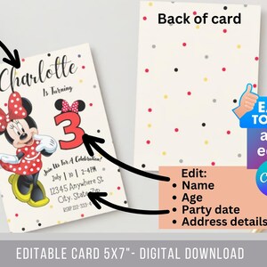 May include: Editable digital invitation card featuring a cartoon image of Minnie Mouse with a red bow and the number 3. The card is decorated with red, yellow, and gray polka dots. The text on the card reads "Charlotte is turning 3" and "Join us for a celebration!" The card is 5x7 inches.