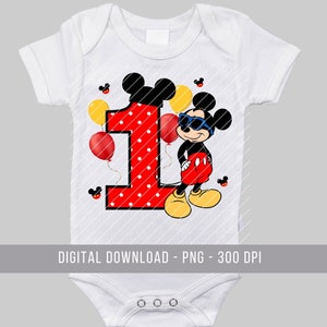 Puede incluir: Mono blanco con un n&uacute;mero uno de lunares rojos y blancos, Mickey Mouse con gafas de sol y globos rojos y amarillos.  "DESCARGA DIGITAL - PNG - 300 DPI"