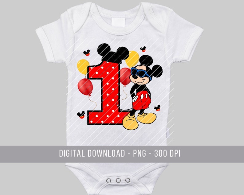 Puede incluir: Mono blanco con un n&uacute;mero uno de lunares rojos y blancos, Mickey Mouse con gafas de sol y globos rojos y amarillos.  "DESCARGA DIGITAL - PNG - 300 DPI"