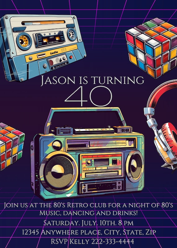 40th Birthday Party Invitation, 80's Retro Invitation, 80's