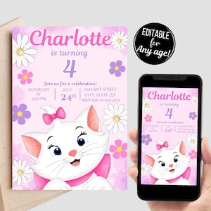 Aristocats Birthday Invitation, Cute Kitten Invitation for birthday Girl, Marie from Aristocats birthday Invitations, Digital invitation