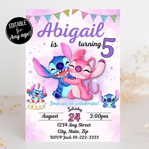 May include: A pink and purple birthday invitation with a cartoon image of Stitch and Angel from the Disney movie Lilo & Stitch. The invitation says "Abigail is turning 5" and includes details for the party, including the date, time, and location.