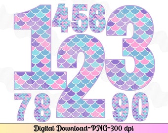 May include: Set of ten mermaid-themed numbers, 1 through 10, with a purple, pink, and blue scale pattern. The numbers are in a digital download format, PNG, 300 dpi.