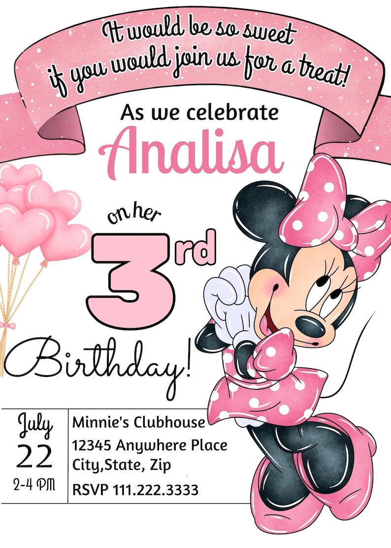 Editable Light Pink Minnie Mouse Birthday Invitation, Girls Birthday ...