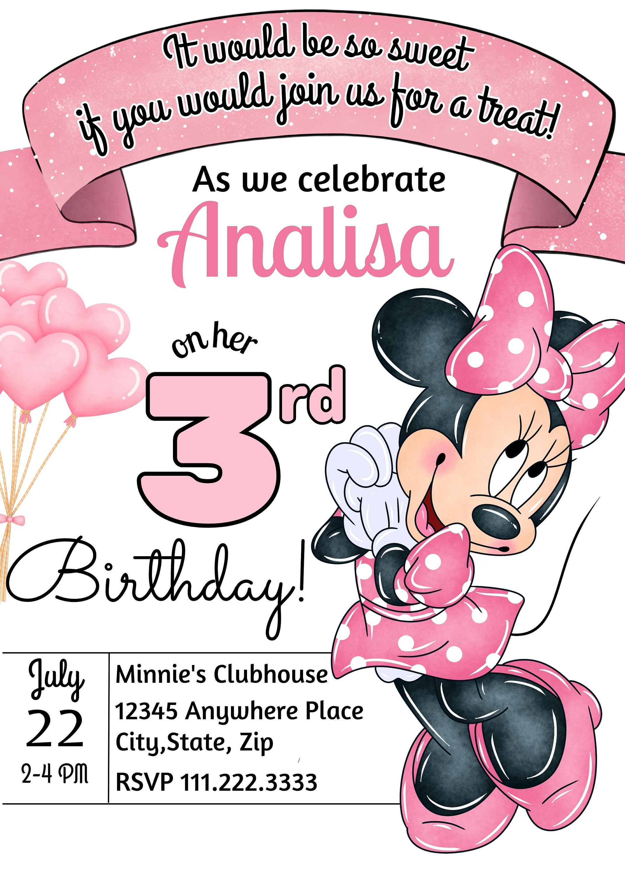 Editable Light Pink Minnie Mouse Birthday Invitation, Girls Birthday ...