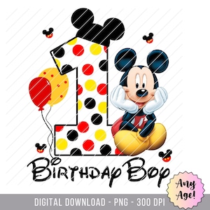 May include: A red, yellow, and black polka dot number one with Mickey Mouse in a red and black outfit. The text "1st Birthday Boy" is written in black.