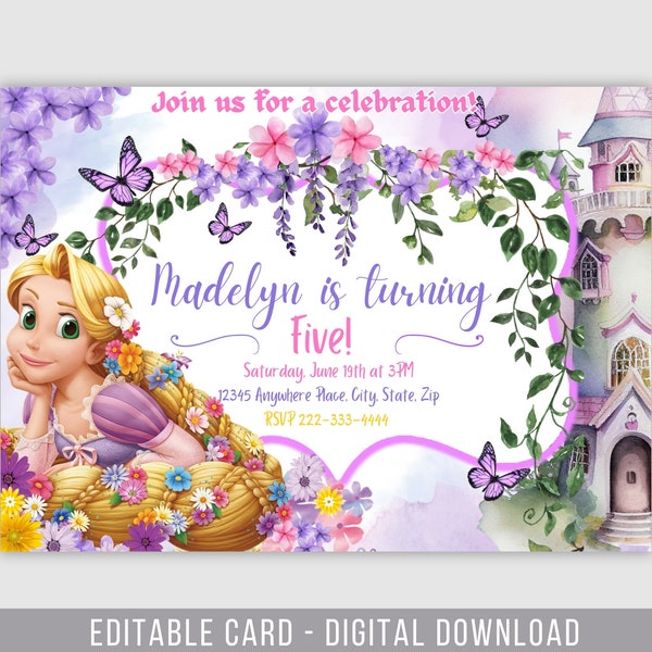 Invitation d'anniversaire numérique Tangled, invitation d'anniversaire de princesse, anniversaire bricolage invite fille, invitation modifiable Raiponce, princesse invite