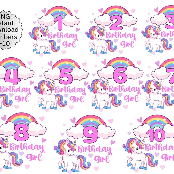 Unicorn Birthday Bundle png, Unicorn png, Birthday Bundle pack numbers 1-10, Iron On Transfer Unicorn Birthday Girl, png graphics