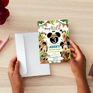 May include: A colorful invitation card with a jungle theme featuring Mickey Mouse, Minnie Mouse, Donald Duck, and Goofy. The card says "Young Wild and" with a large number "3" and "Aiden's 3rd Birthday!" The card also includes the date, time, and location of the party.