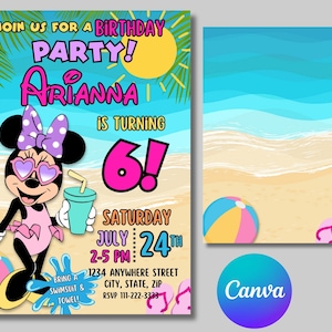 May include: A birthday party invitation featuring a cartoon image of Minnie Mouse wearing sunglasses and a swimsuit, holding a blue drink. The invitation is for a beach-themed party for a girl turning 6 years old. The text on the invitation reads "Join us for a birthday party! Arianna is turning 6! Saturday July 24th 2-5 PM: 1234 Anywhere Street City, State, Zip RSVP 111-222-3333"