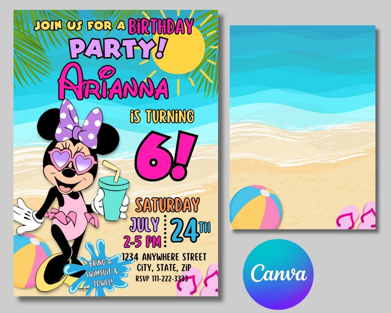 May include: A birthday party invitation featuring a cartoon image of Minnie Mouse wearing sunglasses and a swimsuit, holding a blue drink. The invitation is for a beach-themed party for a girl turning 6 years old. The text on the invitation reads "Join us for a birthday party! Arianna is turning 6! Saturday July 24th 2-5 PM: 1234 Anywhere Street City, State, Zip RSVP 111-222-3333"