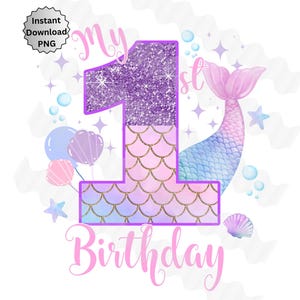 Image d'anniversaire de 1er anniversaire de sirène png Glitter Under the Sea pour sublimation DTF Télécharger des paillettes violettes 1er anniversaire de fille ONEder the Sea