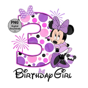 Puede incluir: Gr&aacute;fico digital de Minnie Mouse con un gran n&uacute;mero 3, decorado con lunares rosas y morados. Minnie Mouse lleva un vestido y un lazo morados. El texto "Birthday Girl" est&aacute; escrito debajo del n&uacute;mero.