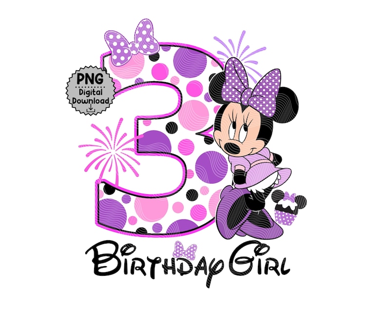 Puede incluir: Gr&aacute;fico digital de Minnie Mouse con un gran n&uacute;mero 3, decorado con lunares rosas y morados. Minnie Mouse lleva un vestido y un lazo morados. El texto "Birthday Girl" est&aacute; escrito debajo del n&uacute;mero.