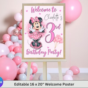 Signo de bienvenida editable de Minnie Mouse, banner de bienvenida imprimible Minnie, banner digital de descarga instantánea para cumpleaños, banner de plantilla Canva