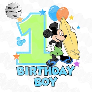 1. urodziny letnie urodziny Mickey PNG, Pool Party Mouse, 1. urodziny obraz do prasowania, Birthday Boy Png, Sublimacja Mickey Surf Board