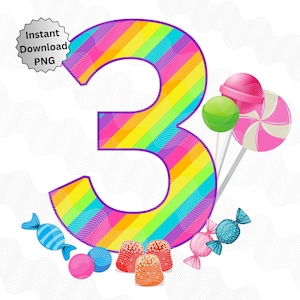3e anniversaire arc-en-ciel de bonbons PNG, fer sur des bonbons pour 3e anniversaire png, J'ai trois ans, Candyland png, gâteries sucrées 3e anniversaire, sublimation