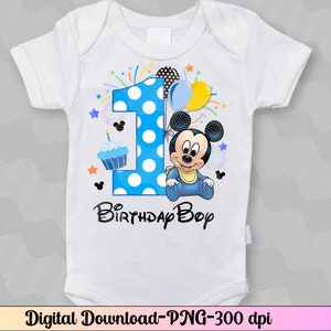 May include: A white onesie with a blue and white polka dot number one, a cartoon Mickey Mouse holding a balloon, and the text "Birthday Boy".