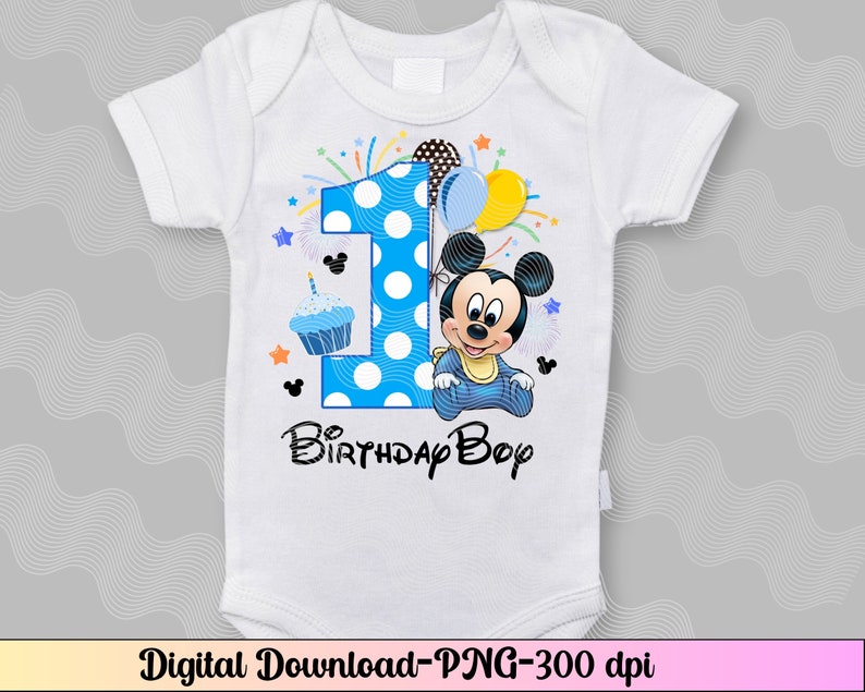 May include: A white onesie with a blue and white polka dot number one, a cartoon Mickey Mouse holding a balloon, and the text "Birthday Boy".
