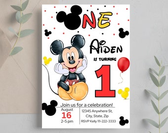 May include: A birthday invitation featuring Mickey Mouse. The invitation is for Aiden's first birthday party. The invitation is decorated with red, yellow, and black Mickey Mouse ears and a red balloon. The text on the invitation reads "One Aiden is turning 1. Join us for a celebration! August 16, 2-5 pm. 12345 Anywhere St, City, State, Zip. RSVP Kelly 111-222-3333."