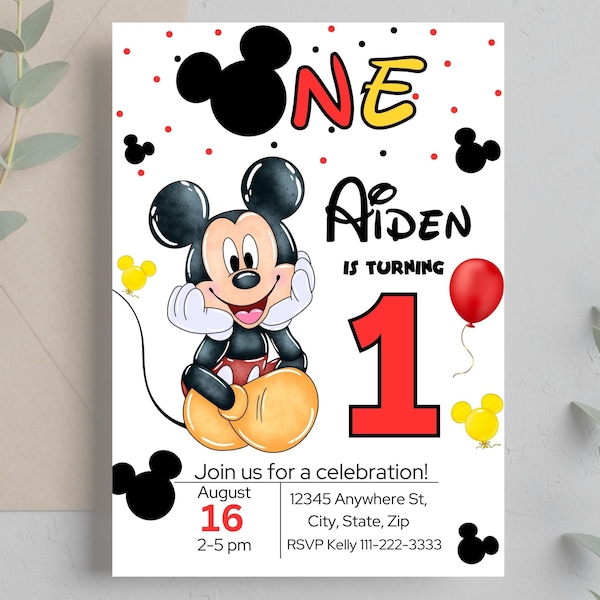 Editable Mickey Mouse Birthday Invitation, Printable Invitation Mickey, 1st birthday Micky Invite, Birthday Boy Invitation 1st, Mickey Mouse