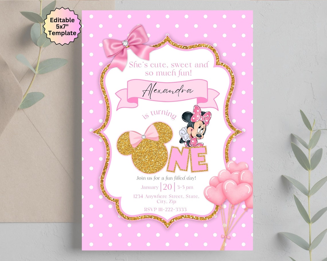 Editable Light Pink Minnie Mouse Birthday Invitation, Girls Birthday ...