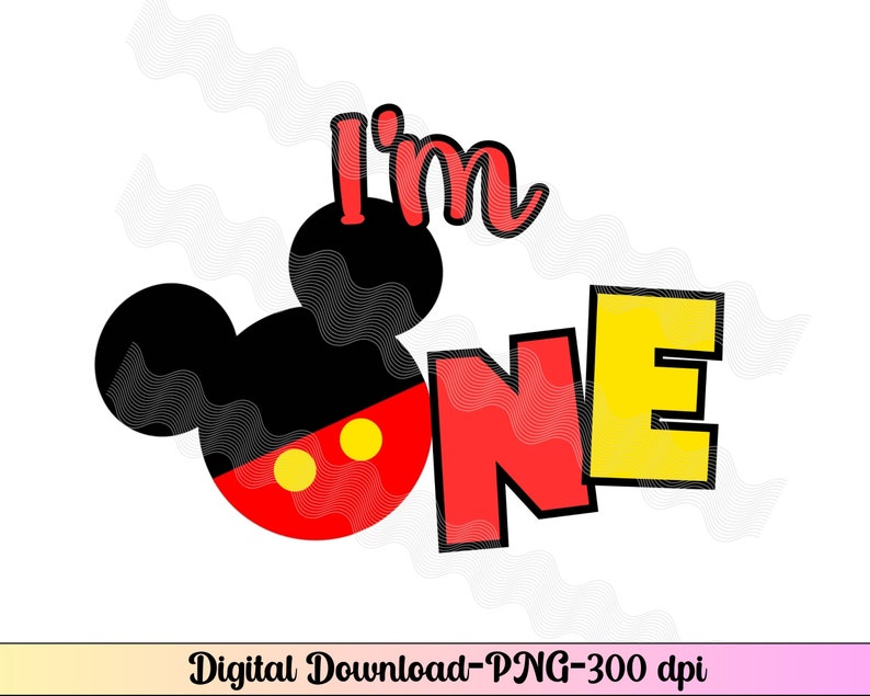 Pu&ograve; includere: Una testa di Topolino rossa, nera e gialla con il testo "I'm One" in lettere rosse e gialle.