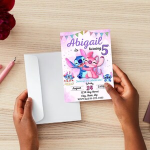 May include: A pink and purple birthday invitation with a cartoon image of Stitch and Angel from the Disney movie Lilo & Stitch. The invitation says "Abigail is turning 5" and includes details for the party, including the date, time, and address.