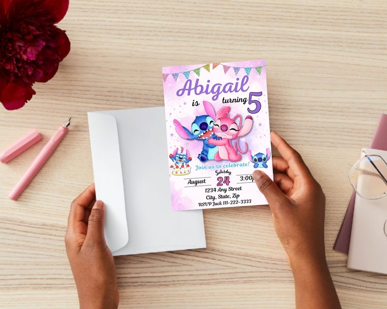 May include: A pink and purple birthday invitation with a cartoon image of Stitch and Angel from the Disney movie Lilo & Stitch. The invitation says "Abigail is turning 5" and includes details for the party, including the date, time, and address.
