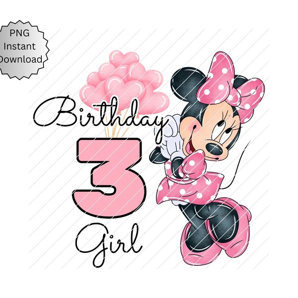 3rd Birthday Minnie Mouse Png, 3 Birthday PNG, Minnie Birthday PNG, Minnie Sublimation Birthday, Birthday Png, 3rd Birthday Png Pink