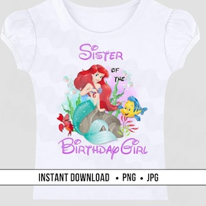 Soeur de la petite sirène, Ariel, téléchargement numérique PNG pour le fer sur DTF, anniversaire personnalisé PNG, anniversaire du royaume magique