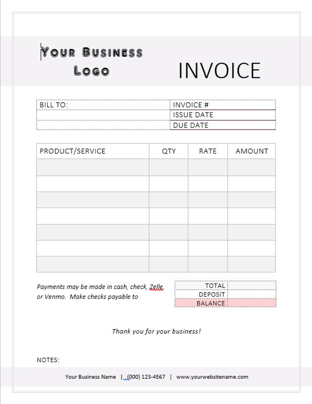 Business Invoice Template - Printable - Editable - PDF Download - Etsy