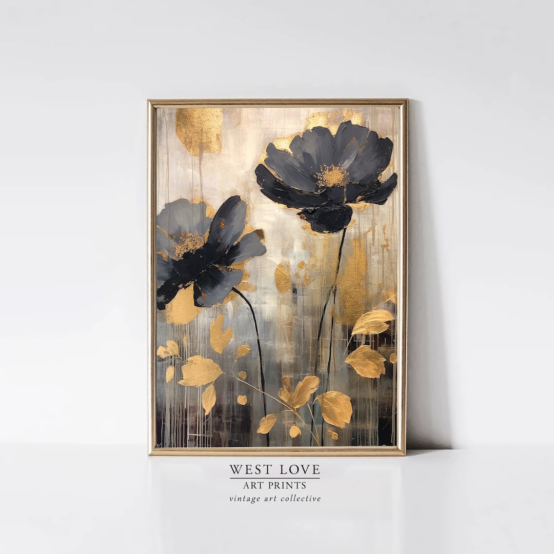 Abstract Black and Gold Flowers Painting Boho Wall Art | Vintage West ...