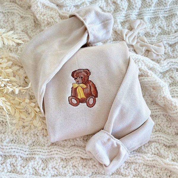Embroidered Teddy Bear Bow Sweatshirt, Cute Bear Sweatshirt, Vintage Cottage Core Bear Sweatshirt