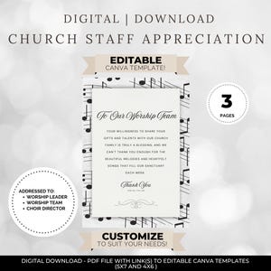 Tarjeta de agradecimiento/reconocimiento al personal de la iglesia/líder de adoración/equipo de música/director del coro/obsequio/ánimo/ministerio/plantilla de Canva
