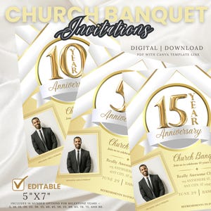 Invitación editable para banquete de iglesia/evento de iglesia/celebración de iglesia/aniversario/15, 20, 25, 30 y más/plantilla de Canva/blanco/dorado