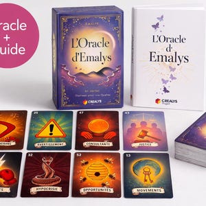 Puede incluir: Un juego de cartas de oráculo con el texto "Oracle + Guide" en un círculo rosa. El conjunto incluye una caja con "L'Oracle d'Emalys" y una baraja de cartas con varias ilustraciones y texto en francés. Las cartas están extendidas, mostrando diferentes imágenes.