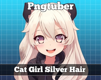 pngtuber, pngtuber premade, png tuber, pngtuber overlay, pngtuber twitch, pngtuber model, pngtuber assets, cat girl silver white hair, neko