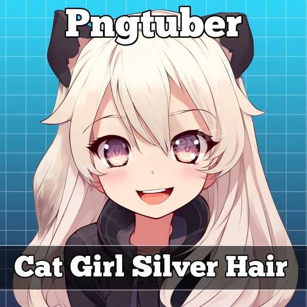 pngtuber, pngtuber premade, png tuber, pngtuber overlay, pngtuber twitch, pngtuber model, pngtuber assets, cat girl silver white hair, neko